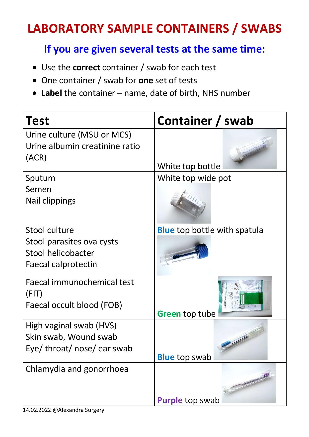 Laboratory contianers and swabs